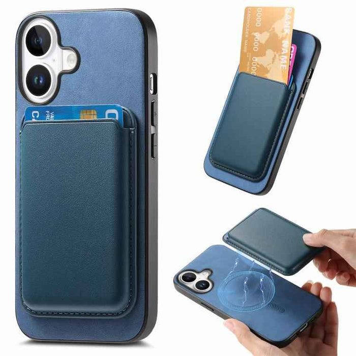 For iPhone 17 Retro Magsafe Card Bag PU Back Cover Phone Case(Blue)