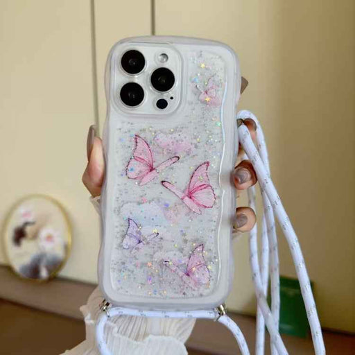 For iPhone 16 Pro Crossbody Wave Edge Butterfly TPU Phone Case(White)