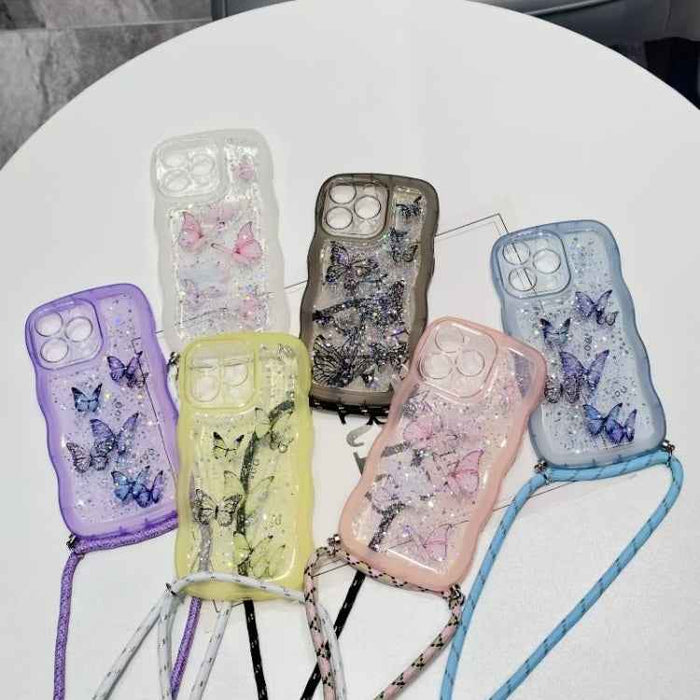 For iPhone 16 Pro Crossbody Wave Edge Butterfly TPU Phone Case(Pink)