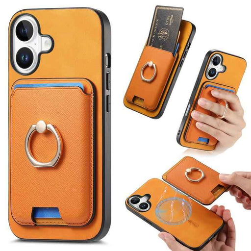 For iPhone 17 Retro Cross Leather Card Bag MagSafe Phone Case(Yellow)