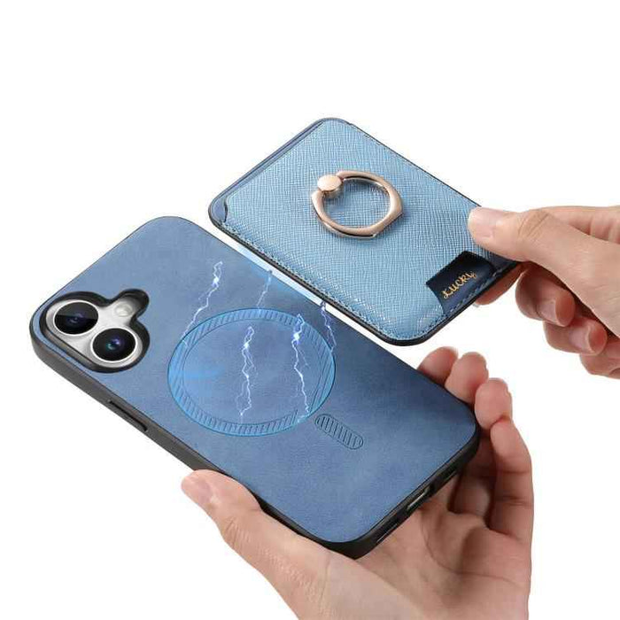 For iPhone 17 Retro Cross Leather Card Bag MagSafe Phone Case(Blue)