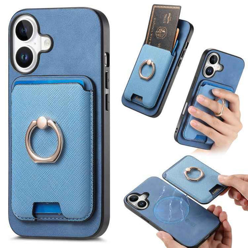 For iPhone 17 Retro Cross Leather Card Bag MagSafe Phone Case(Blue)