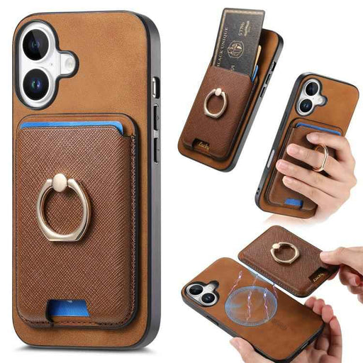 For iPhone 17 Retro Cross Leather Card Bag MagSafe Phone Case(Brown)
