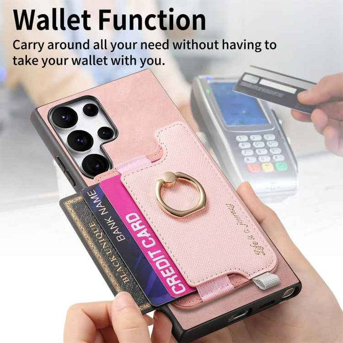 For Samsung Galaxy S24 Ultra 5G Retro Cross Leather Ring Horizontal Insert Card Bag MagSafe Phone Case(Pink)