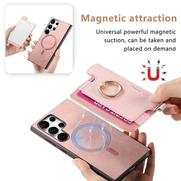For Samsung Galaxy S24 Ultra 5G Retro Cross Leather Ring Horizontal Insert Card Bag MagSafe Phone Case(Pink)