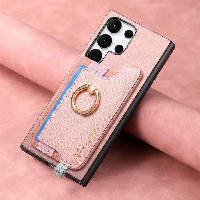 For Samsung Galaxy S24 Ultra 5G Retro Cross Leather Ring Horizontal Insert Card Bag MagSafe Phone Case(Pink)