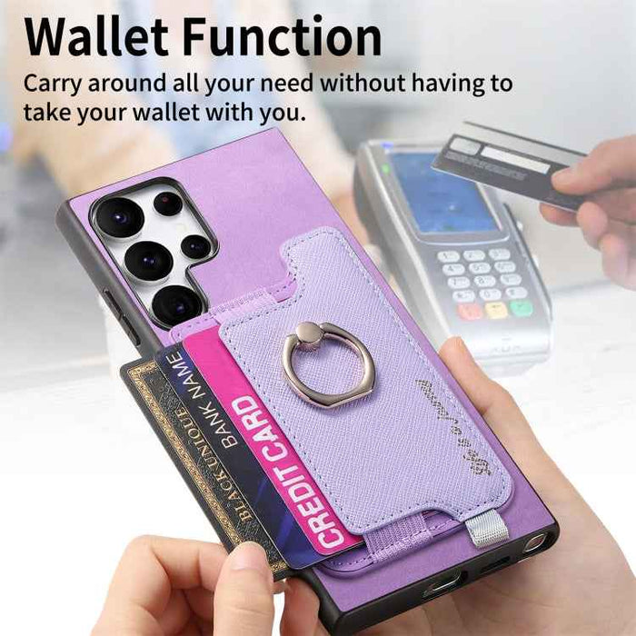 For Samsung Galaxy S24 Ultra 5G Retro Cross Leather Ring Horizontal Insert Card Bag MagSafe Phone Case(Purple)