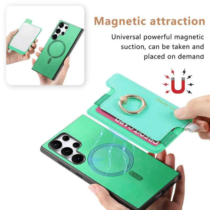 For Samsung Galaxy S24 Ultra 5G Retro Cross Leather Ring Horizontal Insert Card Bag MagSafe Phone Case(Green)