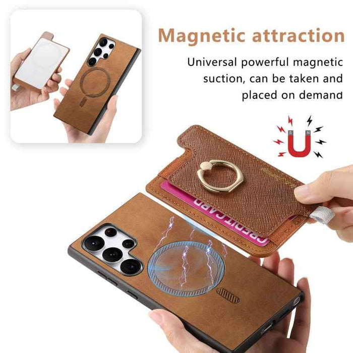 For Samsung Galaxy S24 Ultra 5G Retro Cross Leather Ring Horizontal Insert Card Bag MagSafe Phone Case(Brown)