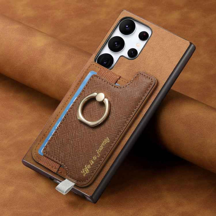 For Samsung Galaxy S24 Ultra 5G Retro Cross Leather Ring Horizontal Insert Card Bag MagSafe Phone Case(Brown)