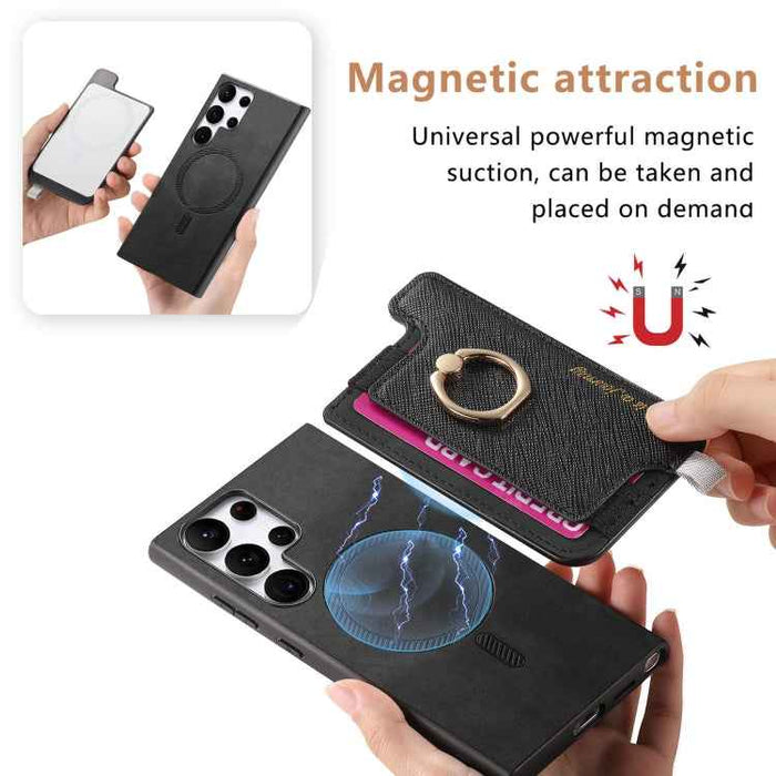 For Samsung Galaxy S24 Ultra 5G Retro Cross Leather Ring Horizontal Insert Card Bag MagSafe Phone Case(Black)