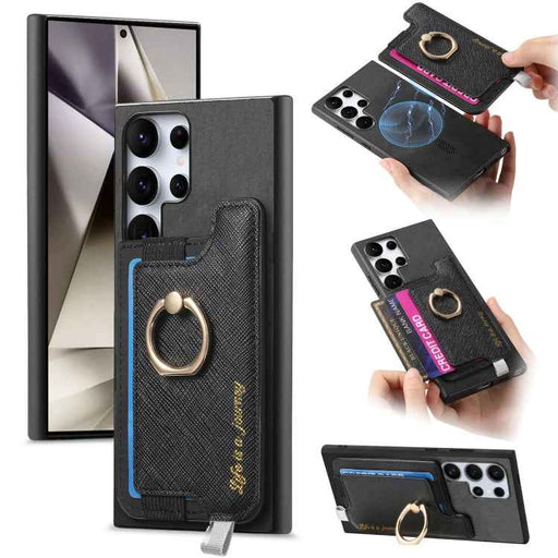 For Samsung Galaxy S24 Ultra 5G Retro Cross Leather Ring Horizontal Insert Card Bag MagSafe Phone Case(Black)