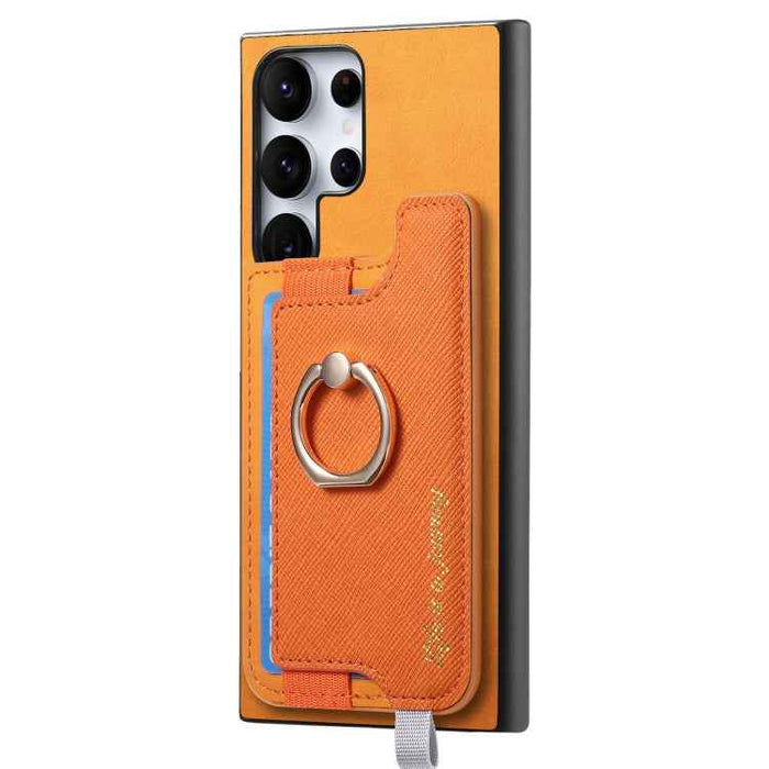For Samsung Galaxy S24 Ultra 5G Retro Cross Leather Ring Horizontal Insert Card Bag MagSafe Phone Case(Yellow)