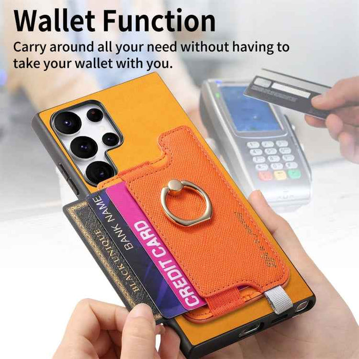 For Samsung Galaxy S24 Ultra 5G Retro Cross Leather Ring Horizontal Insert Card Bag MagSafe Phone Case(Yellow)