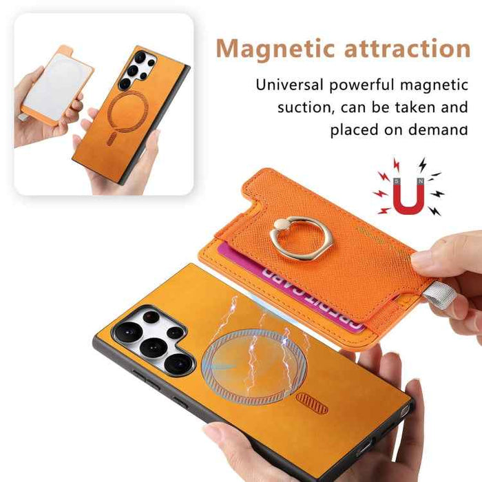For Samsung Galaxy S24 Ultra 5G Retro Cross Leather Ring Horizontal Insert Card Bag MagSafe Phone Case(Yellow)