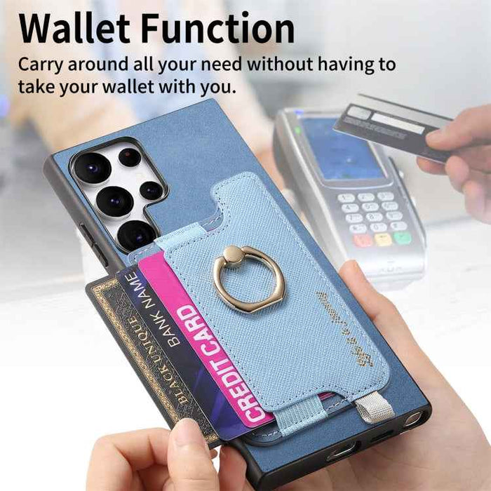 For Samsung Galaxy S24 Ultra 5G Retro Cross Leather Ring Horizontal Insert Card Bag MagSafe Phone Case(Blue)