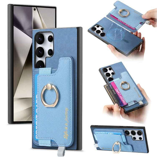 For Samsung Galaxy S24 Ultra 5G Retro Cross Leather Ring Horizontal Insert Card Bag MagSafe Phone Case(Blue)
