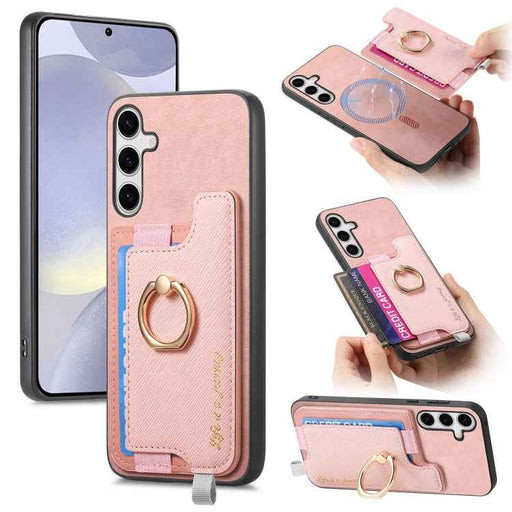 For Samsung Galaxy S24+ 5G Retro Cross Leather Ring Horizontal Insert Card Bag MagSafe Phone Case(Pink)