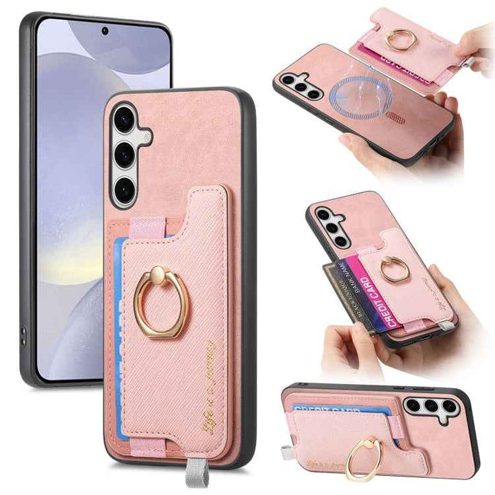 For Samsung Galaxy S24+ 5G Retro Cross Leather Ring Horizontal Insert Card Bag MagSafe Phone Case(Pink)