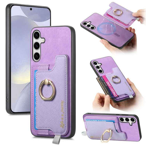 For Samsung Galaxy S24+ 5G Retro Cross Leather Ring Horizontal Insert Card Bag MagSafe Phone Case(Purple)