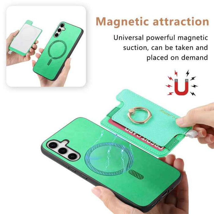 For Samsung Galaxy S24+ 5G Retro Cross Leather Ring Horizontal Insert Card Bag MagSafe Phone Case(Green)