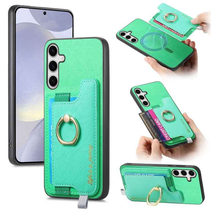 For Samsung Galaxy S24+ 5G Retro Cross Leather Ring Horizontal Insert Card Bag MagSafe Phone Case(Green)