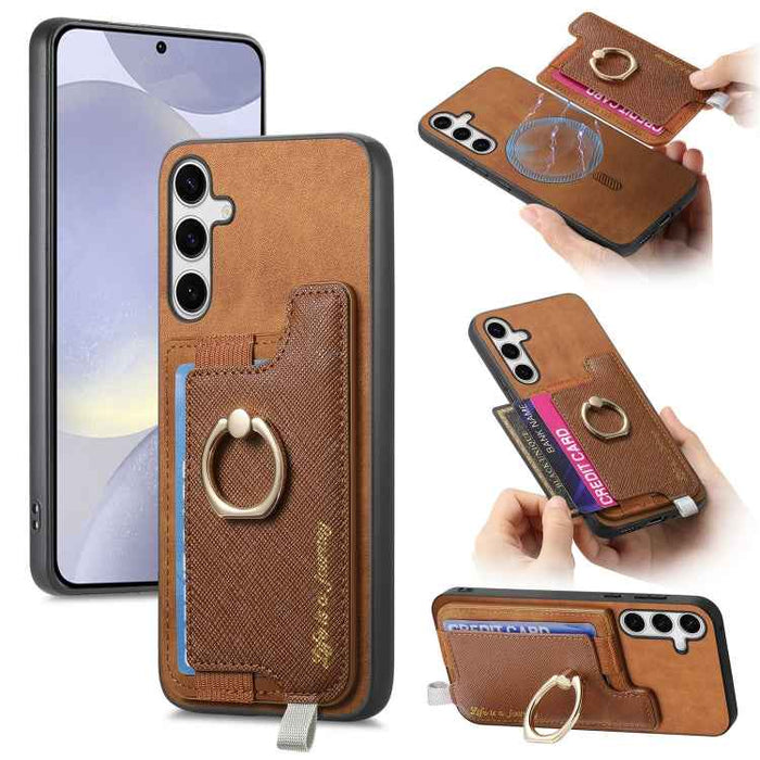 For Samsung Galaxy S24+ 5G Retro Cross Leather Ring Horizontal Insert Card Bag MagSafe Phone Case(Brown)