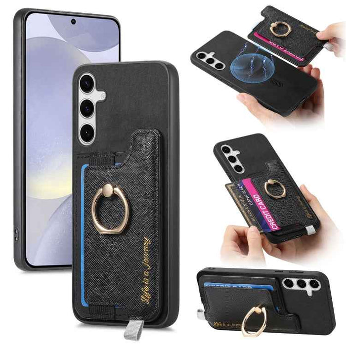For Samsung Galaxy S24+ 5G Retro Cross Leather Ring Horizontal Insert Card Bag MagSafe Phone Case(Black)