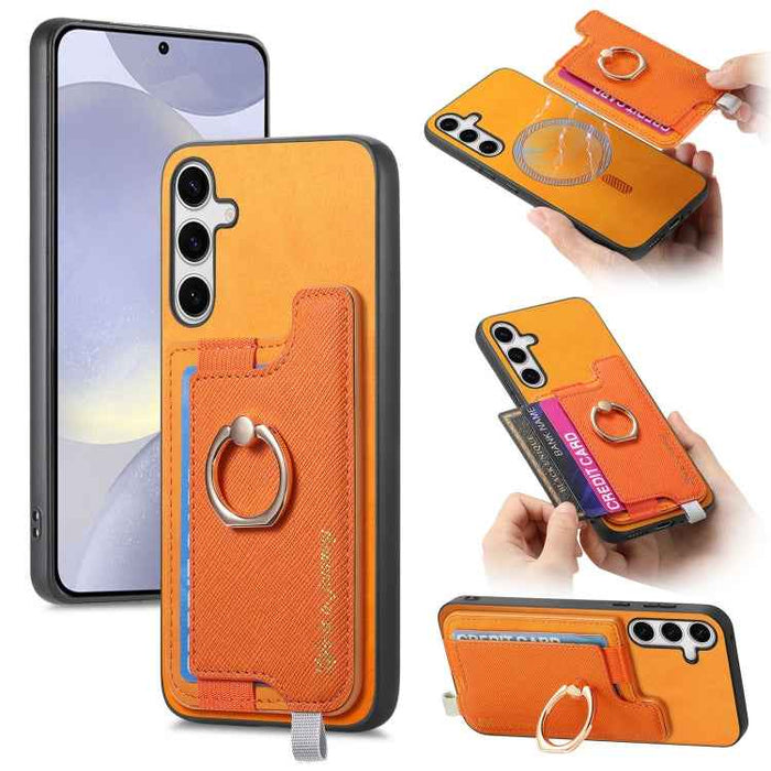 For Samsung Galaxy S24+ 5G Retro Cross Leather Ring Horizontal Insert Card Bag MagSafe Phone Case(Yellow)