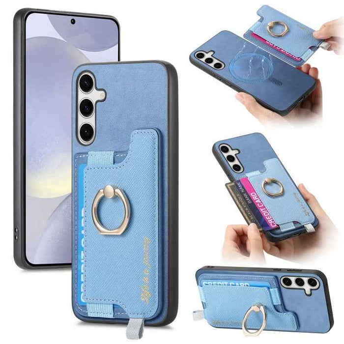 For Samsung Galaxy S24+ 5G Retro Cross Leather Ring Horizontal Insert Card Bag MagSafe Phone Case(Blue)