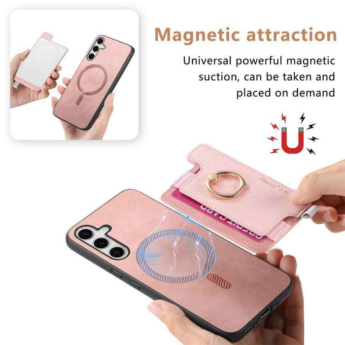 For Samsung Galaxy S24 5G Retro Cross Leather Ring Horizontal Insert Card Bag MagSafe Phone Case(Pink)