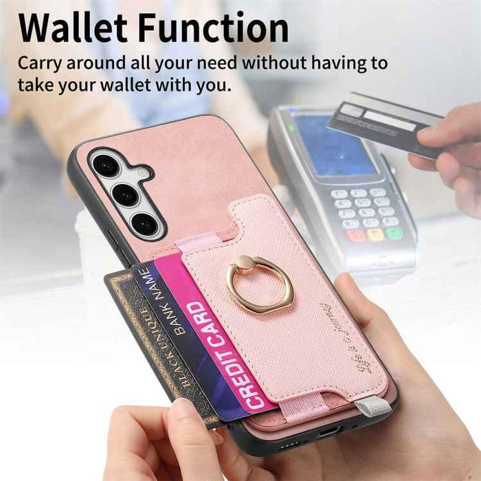 For Samsung Galaxy S24 5G Retro Cross Leather Ring Horizontal Insert Card Bag MagSafe Phone Case(Pink)