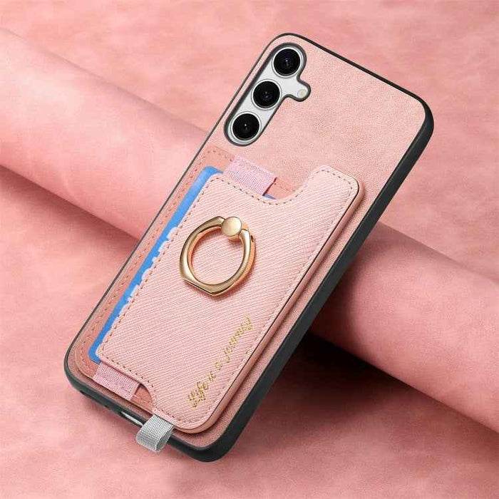 For Samsung Galaxy S24 5G Retro Cross Leather Ring Horizontal Insert Card Bag MagSafe Phone Case(Pink)