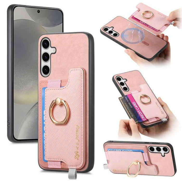 For Samsung Galaxy S24 5G Retro Cross Leather Ring Horizontal Insert Card Bag MagSafe Phone Case(Pink)