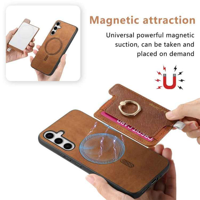 For Samsung Galaxy S24 5G Retro Cross Leather Ring Horizontal Insert Card Bag MagSafe Phone Case(Brown)
