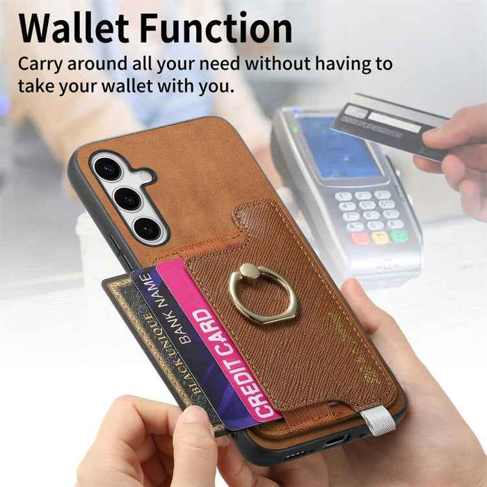 For Samsung Galaxy S24 5G Retro Cross Leather Ring Horizontal Insert Card Bag MagSafe Phone Case(Brown)