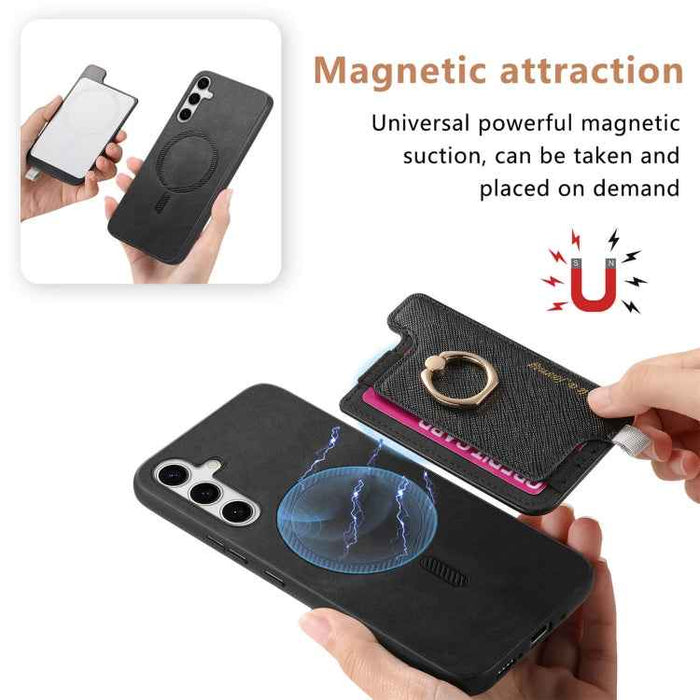 For Samsung Galaxy S24 5G Retro Cross Leather Ring Horizontal Insert Card Bag MagSafe Phone Case(Black)