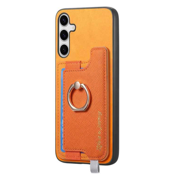 For Samsung Galaxy S24 5G Retro Cross Leather Ring Horizontal Insert Card Bag MagSafe Phone Case(Yellow)