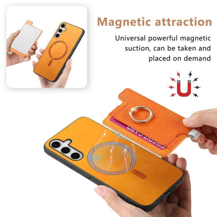 For Samsung Galaxy S24 5G Retro Cross Leather Ring Horizontal Insert Card Bag MagSafe Phone Case(Yellow)
