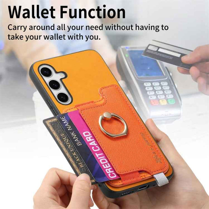 For Samsung Galaxy S24 5G Retro Cross Leather Ring Horizontal Insert Card Bag MagSafe Phone Case(Yellow)