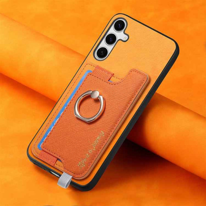 For Samsung Galaxy S24 5G Retro Cross Leather Ring Horizontal Insert Card Bag MagSafe Phone Case(Yellow)