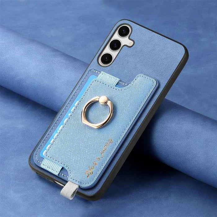 For Samsung Galaxy S24 5G Retro Cross Leather Ring Horizontal Insert Card Bag MagSafe Phone Case(Blue)