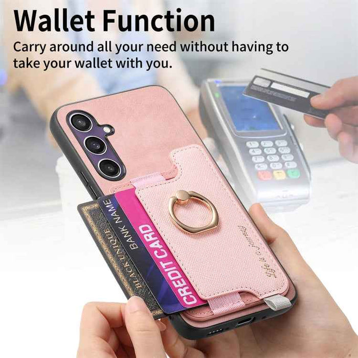 For Samsung Galaxy S24 FE 5G Retro Cross Leather Ring Horizontal Insert Card Bag MagSafe Phone Case(Pink)