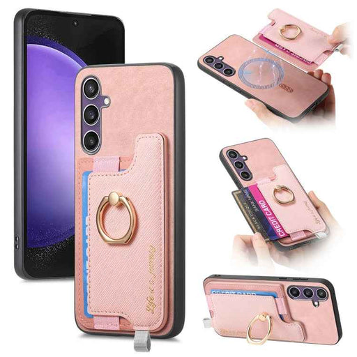 For Samsung Galaxy S24 FE 5G Retro Cross Leather Ring Horizontal Insert Card Bag MagSafe Phone Case(Pink)