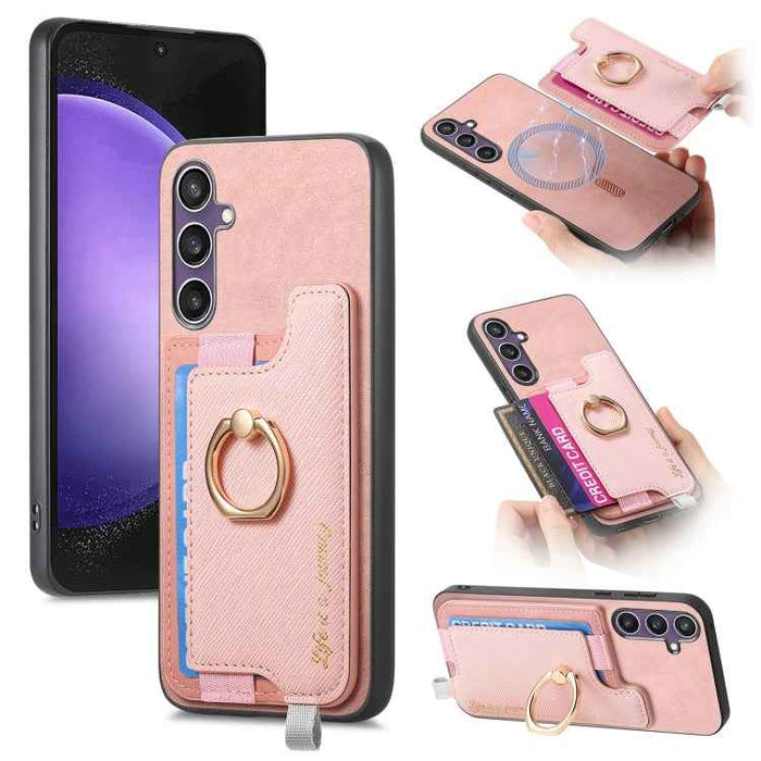 For Samsung Galaxy S24 FE 5G Retro Cross Leather Ring Horizontal Insert Card Bag MagSafe Phone Case(Pink)