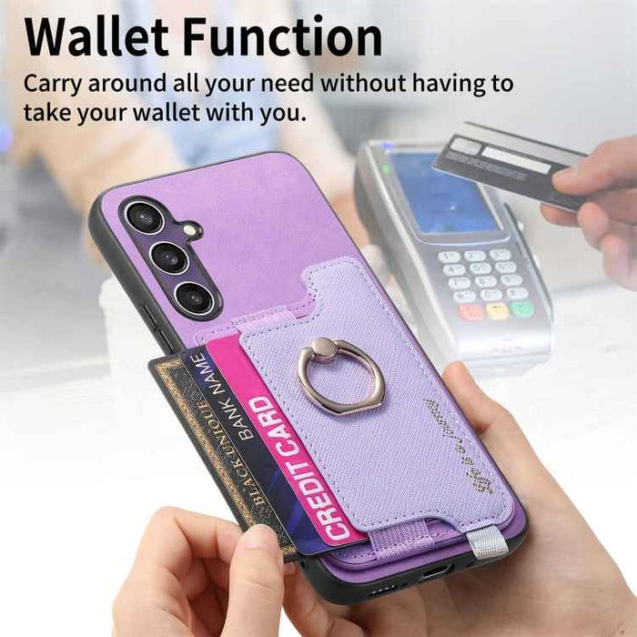 For Samsung Galaxy S24 FE 5G Retro Cross Leather Ring Horizontal Insert Card Bag MagSafe Phone Case(Purple)