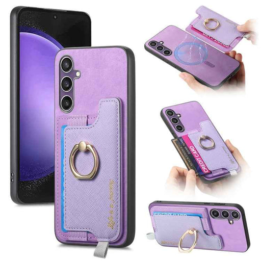 For Samsung Galaxy S24 FE 5G Retro Cross Leather Ring Horizontal Insert Card Bag MagSafe Phone Case(Purple)