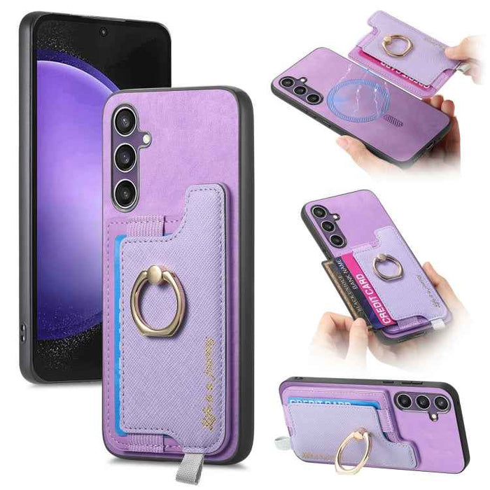 For Samsung Galaxy S24 FE 5G Retro Cross Leather Ring Horizontal Insert Card Bag MagSafe Phone Case(Purple)