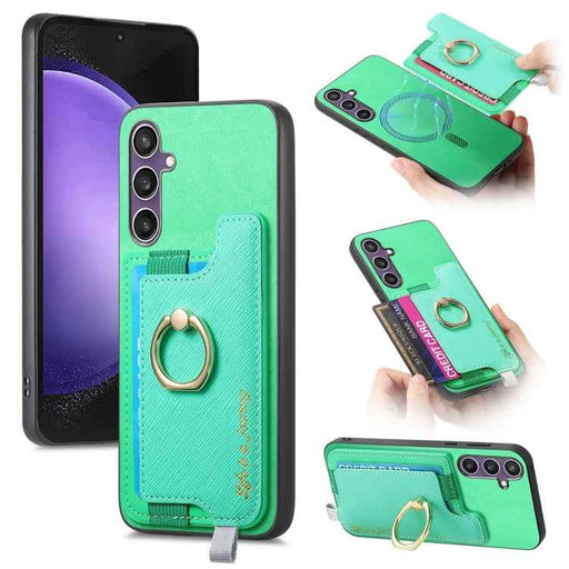 For Samsung Galaxy S24 FE 5G Retro Cross Leather Ring Horizontal Insert Card Bag MagSafe Phone Case(Green)