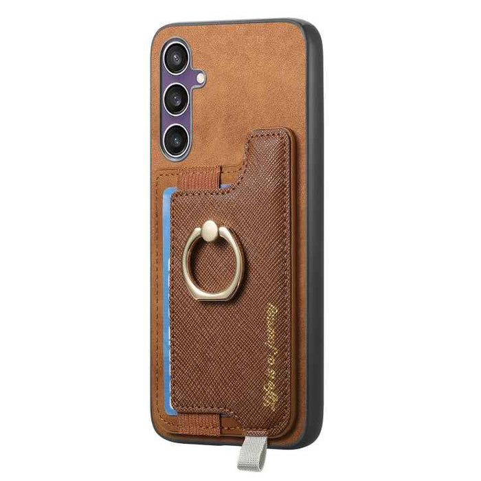 For Samsung Galaxy S24 FE 5G Retro Cross Leather Ring Horizontal Insert Card Bag MagSafe Phone Case(Brown)